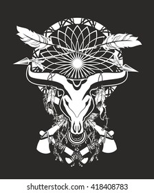 skull of a bull with long horns in the background Dream catcher and shamanism attributes