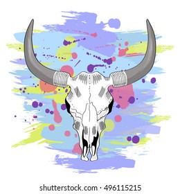 Skull of a bull on a colorful paint texture. Vector boho chic illustration for a poster, postcard, t-shirt print. 