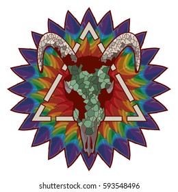 Skull of a bull on a colorful paint texture. Vector boho chic illustration for a poster, postcard, t-shirt print.