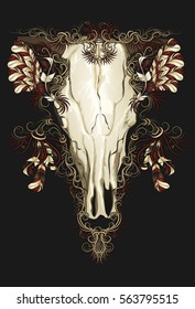 skull bull with patterns and feathers
