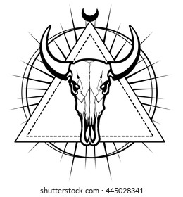  The skull of a bull is put into geometrical figures. Esoteric symbol, sacred geometry. Monochrome drawing isolated on a white background. Vector illustration. Print, posters, t-shirt, textiles.