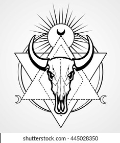  The skull of a bull is put into geometrical figures. Esoteric symbol, sacred geometry. Monochrome drawing isolated on a gray background. Vector illustration. Print, posters, t-shirt, textiles.