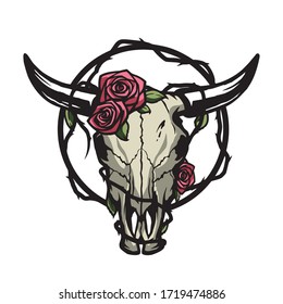 Skull of a bull with roses.