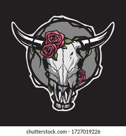 Skull of a bull with roses on a dark background.