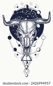 Skull bull. Tattoo and t-shirt design. Esoteric art. Black and white vector graphics. Sacred geometry