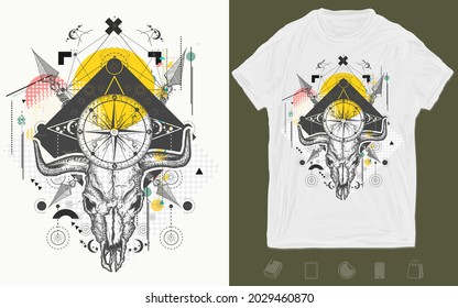 Skull bull. Wild west art, compass, crossed arrows. Zine culture concept. Hand drawn vector glitch tattoo. T-shirt design. Creative print for clothes. Template for posters, textiles, apparels