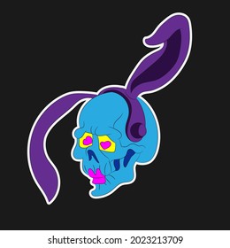 a skull with bunny ears wearing headphones on a black isolated background vector image eps