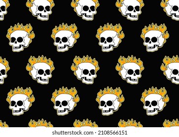 Skull burn in fire seamless pattern.Vector cartoon graphic illustration logo design.Trippy psychdelic skull,hell fire print for seamless pattern,wallpaper concept