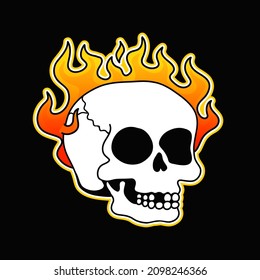 Skull burn in fire t-shirt print.Vector cartoon graphic illustration logo design.Trippy psychdelic skull,fire print for poster,t-shirt,logo concept