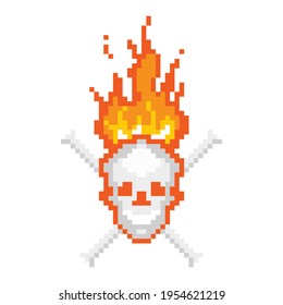 Skull burning with bones pixel icon. Smiling sinister head with crossed bones and blazing hellfire scary pirate vector thugs symbol.