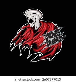skull with a burning red cloak illustrator ,skull with red cloack mascot , dark concept