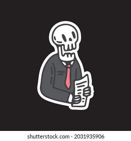 Skull businessman holding document illustration. Vector graphics for t-shirt prints and sticker.