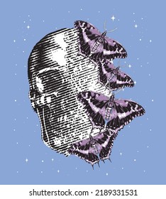 Skull and butterflies hand drawn. grunge vintage style print. illustration vector art. t shirt, tee, sweatshirt, tattoo, card, banner, poster etc.