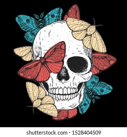Skull and butterflies hand drawn illustration. Tattoo vintage print. Butterfly and skull vector illustration.