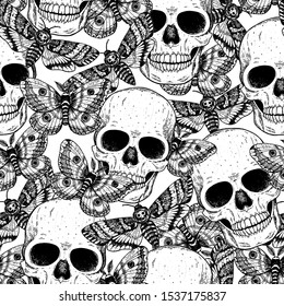 Skull and butterflies hand drawn illustration. Seamless pattern. Vintage print. Butterfly and skull sketch vector illustration.