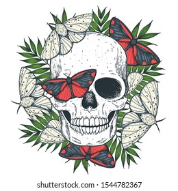 Skull and butterflies hand drawn illustration. Tattoo vintage print. Butterfly and skull vector illustration.