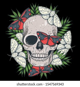 Skull and butterflies hand drawn illustration. Tattoo vintage print. Butterfly and skull vector illustration. 