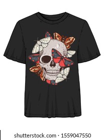 Skull and butterflies hand drawn illustration. Tattoo vintage print. Butterfly and skull.
