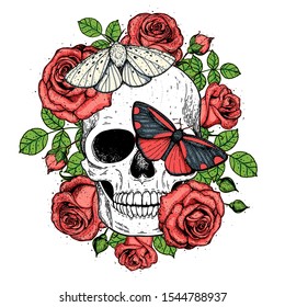 Skull and butterflies hand drawn sketch illustration. Tattoo vintage print. Butterfly, roses and skull vector illustration. Sketch print