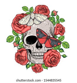 Skull   butterflies hand drawn sketch illustration  Tattoo vintage print  Butterfly  roses   skull vector illustration  Colorful print