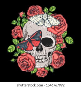 Dibujo de dibujo a mano con calaveras y mariposas. Impresión tatuada. Ilustración portadora de mariposas, rosas y cráneos. Esbozar impresión