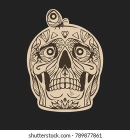 Skull with butterflies on black background. Vector illustration