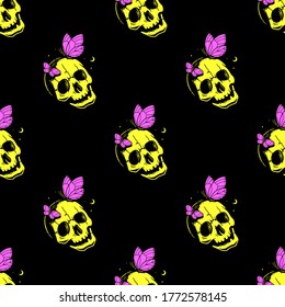 SKULL WITH BUTTERFLIES YELLOW SEAMLESS PATTERN BLACK BACKGROUND