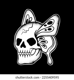 Skull butterfly art Illustration hand drawn black and white vector for tattoo, sticker, logo etc