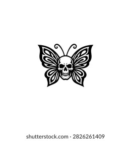 Skull butterfly black and white vector illustration. Gothic moth tattoo logo design on white background