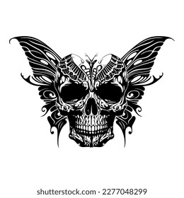 skull in butterfly body black and white lineart hand drawn illustration 