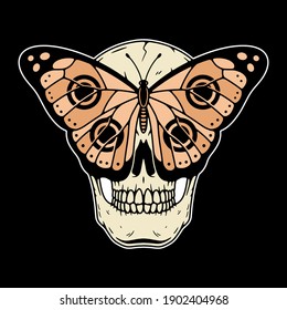 SKULL AND BUTTERFLY COLOR BLACK BACKGROUND