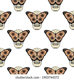 SKULL AND BUTTERFLY COLOR SEAMLESS PATTERN WHITE BACKGROUND