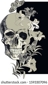 Skull and butterfly with flower on black and white background. Typographic 