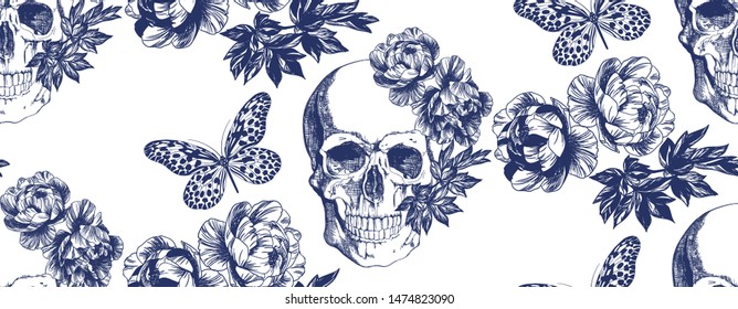 Skull and butterfly with flower on white background. Typographic graphic and seamless pattern