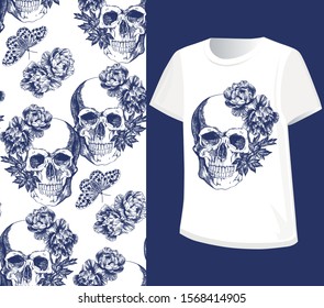 Skull and butterfly with flower on white background. Typographic graphic and seamless pattern