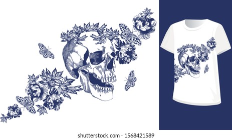 Skull and butterfly with flower on white background. Typographic graphic and seamless pattern