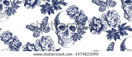 Skull and butterfly with flower on white background. Typographic graphic and seamless pattern