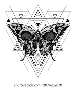 Skull Butterfly. Greater death's head hawk-moth vector abstract illustration isolated on white background with triangles and linear shapes in the style of modern tattoo.