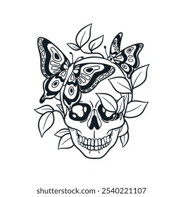 Skull with butterfly and leaf. Retro skeleton head bone, tattoo design. Vintage ink drawing, spooky creepy dead face. Outlined hand-drawn engraved vector illustration isolated on white background