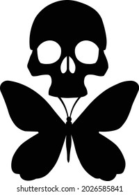 Skull with butterfly monochrome illustration isolated on white background.