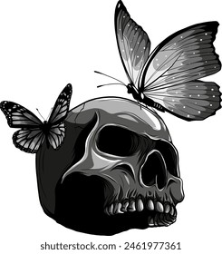 Skull with butterfly monochrome vector illustration isolated on white background.