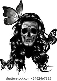 Skull with butterfly monochrome vector illustration isolated on white background.