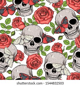 Skull, butterfly and roses seamless pattern. Hand drawn vector illustration. Fabric design template. Skull and moth background. 