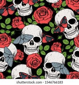 Skull, butterfly and roses seamless pattern. Hand drawn vector illustration. Fabric design template. Skull and moth background. 