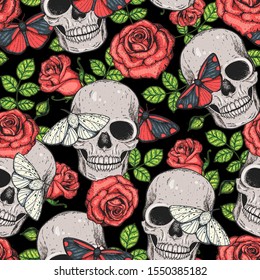 Skull, butterfly and roses seamless pattern. Hand drawn vector illustration. Fabric design template. Skull and moth background. 