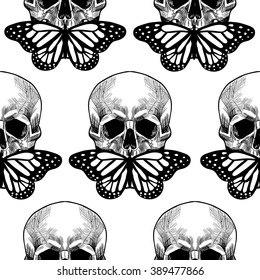 Skull And  Butterfly. Vector Seamless Pattern