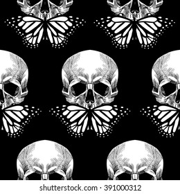 Skull and  butterfly. Vector seamless pattern