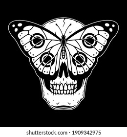 SKULL AND BUTTERFLY WHITE BLACK BACKGROUND