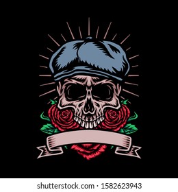 Skull in cabbie hat with rose flower, vector illustration