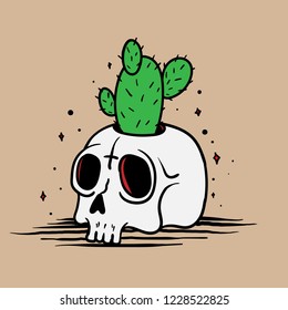 skull and cactus cartoon vector retro color old school